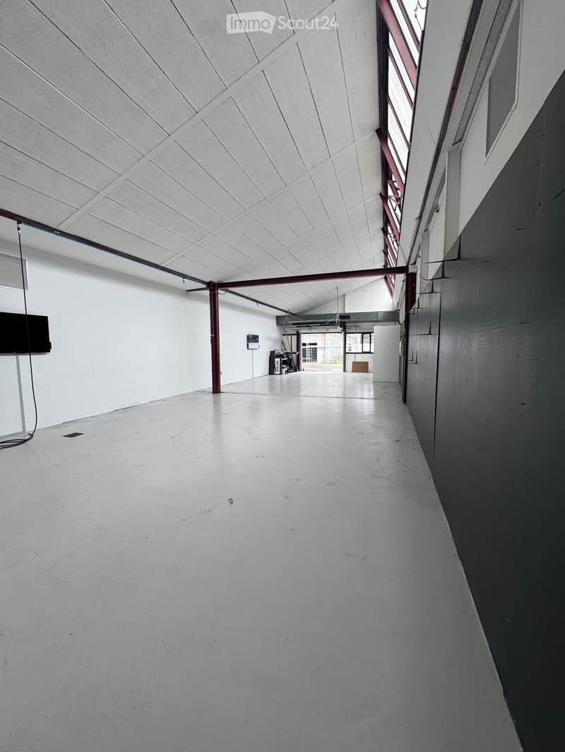 Corridor / Hallway. Empty hallway with white walls, concrete floor, and a geometric ceiling design. Features a red structural column and a large window at the far end.