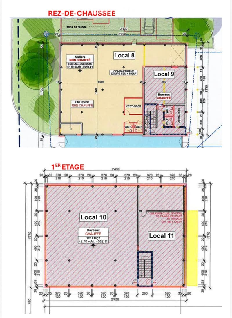 Floor plan showing two levels: ground floor and first floor. Ground floor includes workshops, storage, and restrooms. First floor includes heated offices and a storage area.