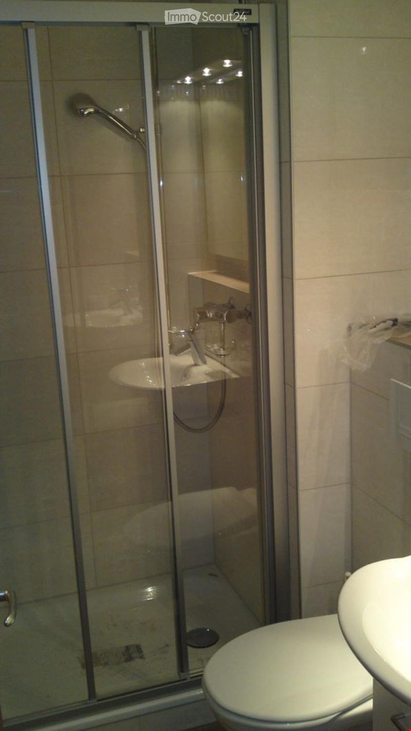 Modern bathroom with a glass-enclosed shower, toilet, and sink. The shower features a handheld sprayer and built-in lighting.