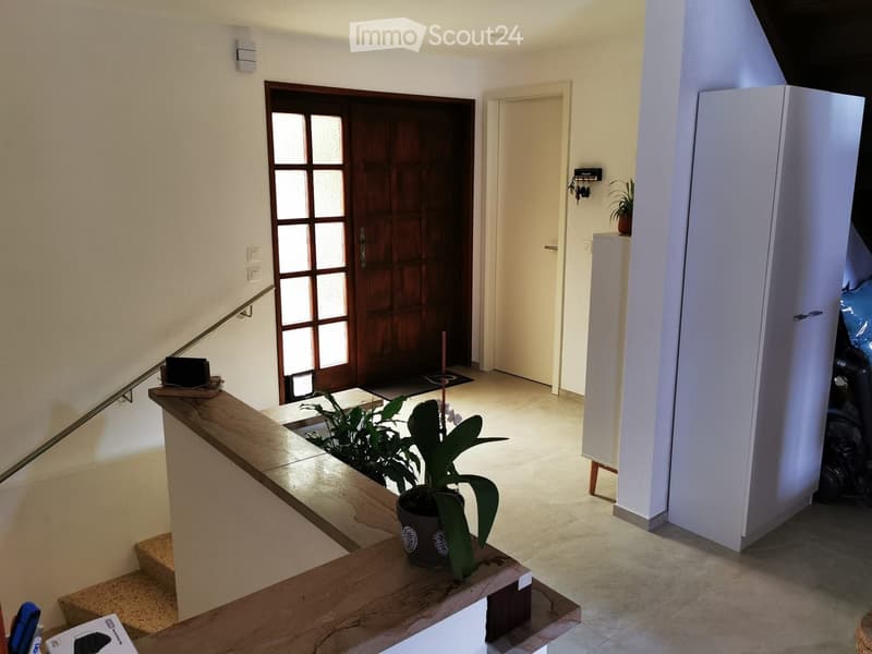 Hallway with a staircase, wooden railing, potted plant on the landing, and a door leading outside.