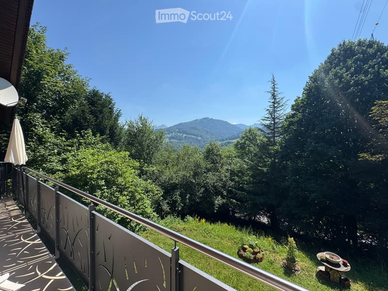 Balcony with metal railing, overlooking a lush green landscape and distant mountains, with a few potted plants and a small table with a bowl on the ground.