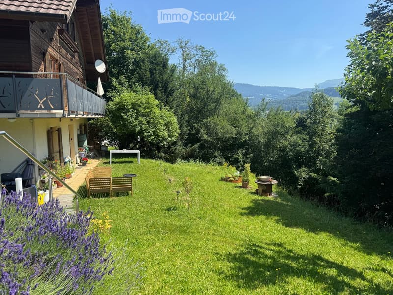 Lush green garden with wooden benches, a small table, and a barbecue, surrounded by trees and a scenic mountain view.