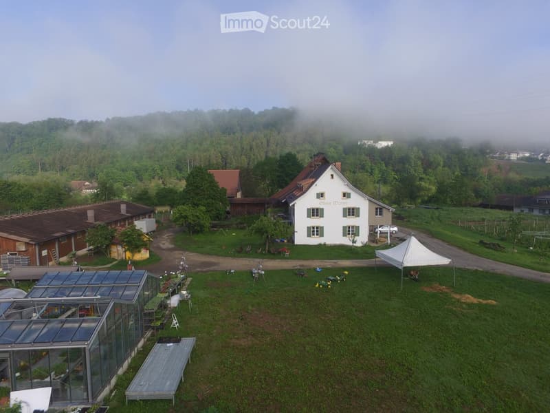 Aerial view of a rural property with greenhouses, a white tent, and several buildings surrounded by greenery and trees.