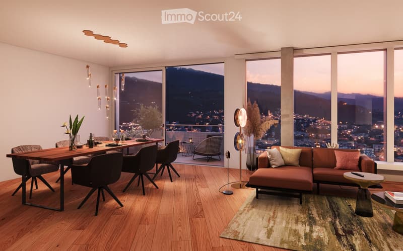 Modern living and dining area with large windows offering a cityscape view, featuring a brown sectional sofa, coffee table, dining table with chairs, and decorative items.
