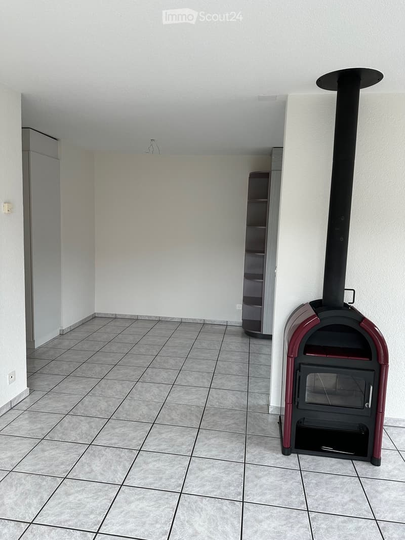 Empty room with tiled floor, white walls, and a wood-burning stove with a chimney pipe.