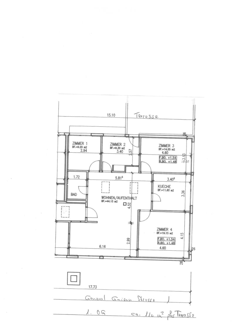 Floor plan showing four bedrooms, a kitchen, a living/dining area, and a bathroom, with a terrace area indicated.