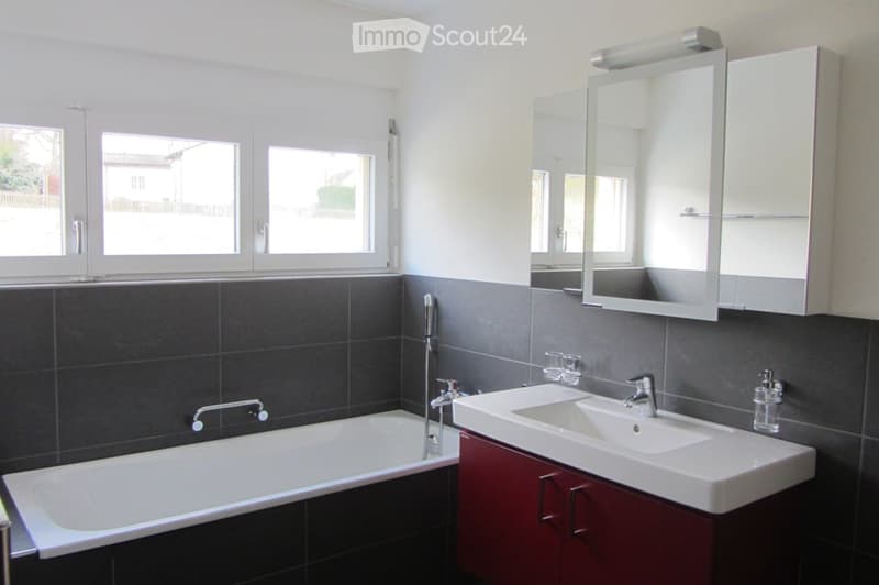 Modern bathroom with a white bathtub, double sink vanity with red cabinetry, large mirror with built-in lighting, and dark grey tiled walls.