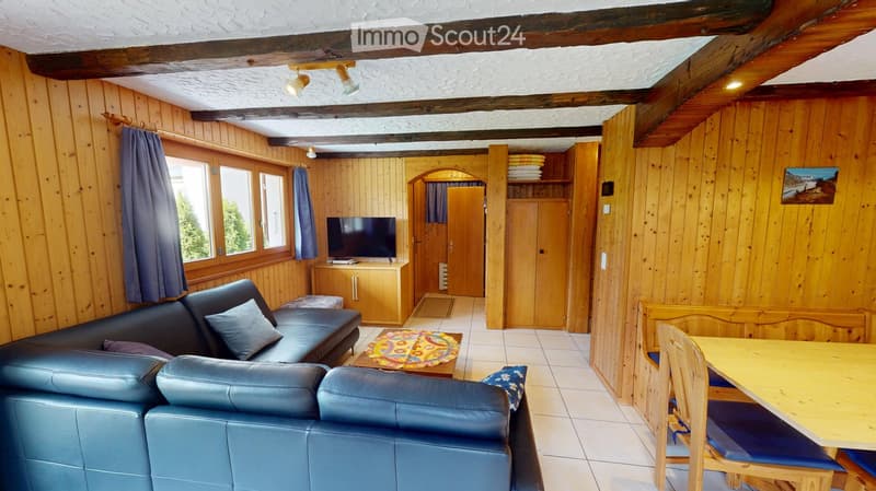 Cozy living room with wooden walls, exposed beams, and large windows. Features a dark blue leather sofa, a wooden coffee table, a television on a cabinet, and a small dining area with a table and chairs.