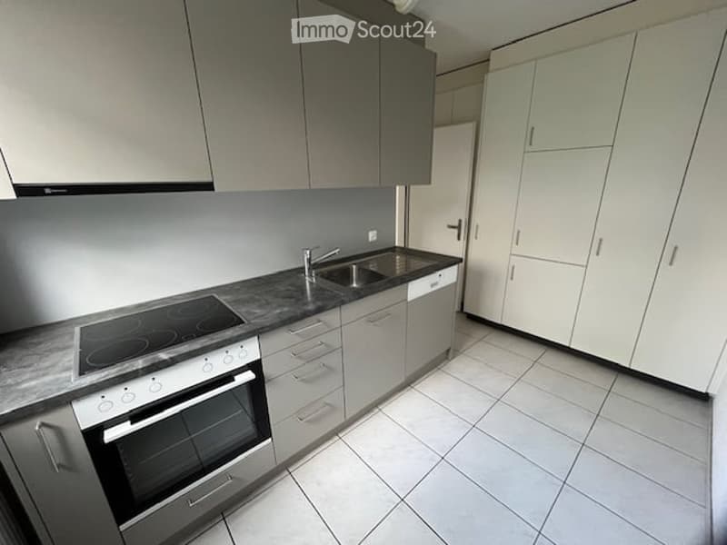 Modern kitchen with grey cabinets, induction stove, oven, sink, and tiled floor.