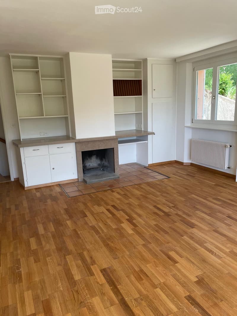 Empty room with wooden flooring, fireplace, built-in shelving units, and large windows.