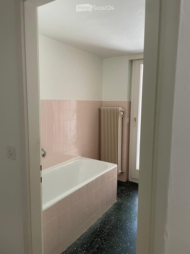Bathroom with a white bathtub, pink tiles, black speckled floor, and a radiator.