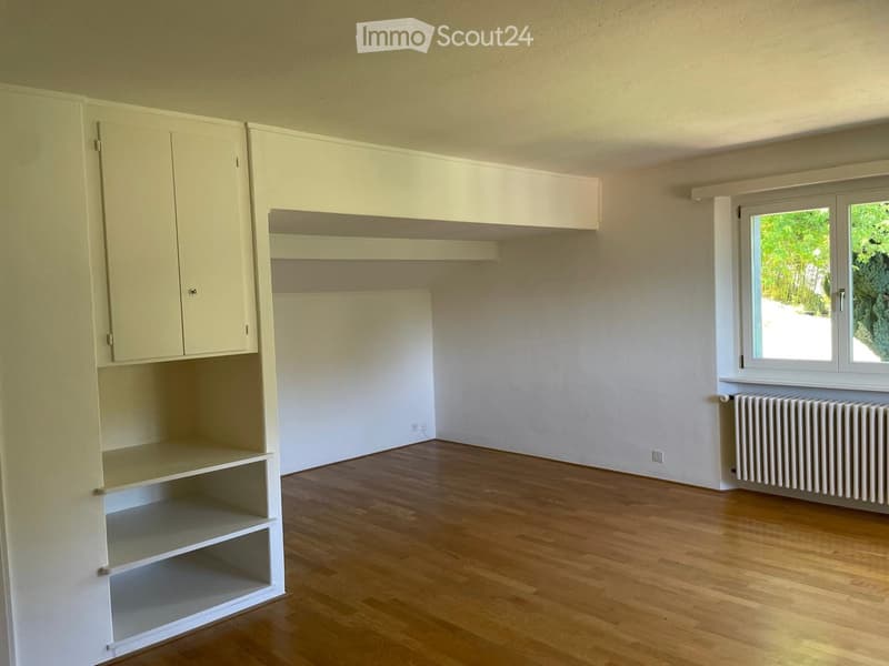 Empty room with light-colored wooden flooring, white walls, built-in cabinetry, and a large window with a radiator below it.
