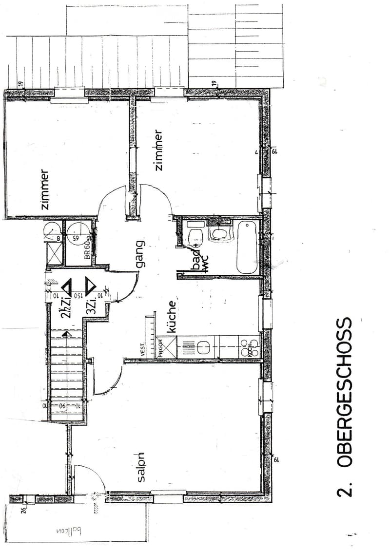 Floor plan of a residential space with labeled rooms including a salon, kitchen, bathroom, and bedroom.