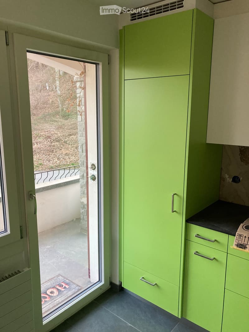 Bright green kitchen with modern cabinets and a black countertop, featuring a large sliding glass door leading to a balcony.