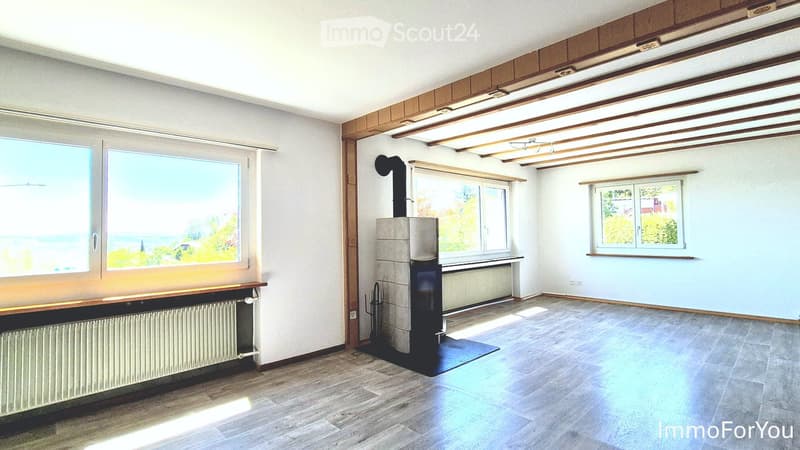 Empty room with wooden flooring, white walls, large windows, and a wood-burning stove. No furniture or equipment present.