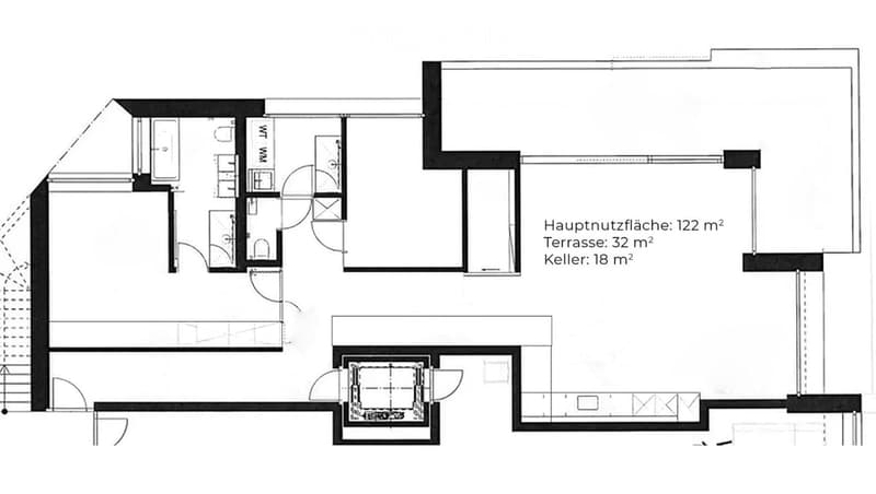 Floor plan of a residential space with a main living area, kitchen, bedrooms, bathrooms, and a terrace.