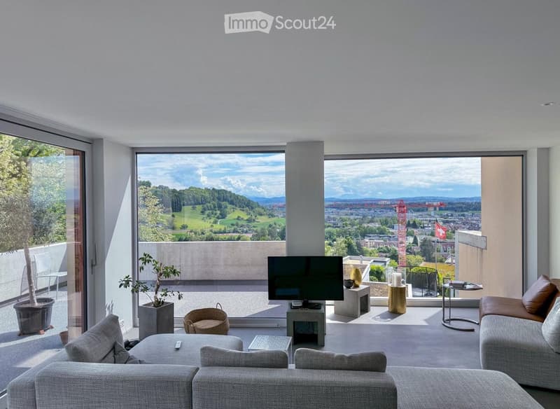 Modern living room with large windows offering a scenic view, featuring a grey sofa, coffee table, armchair, television, small table, and potted plants.