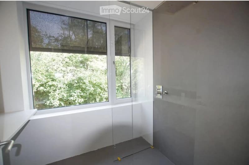 Empty room with large windows, glass shower enclosure, and modern interior design.