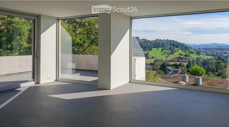 Bright, minimalist room with expansive windows offering panoramic views of a green landscape and distant mountains. The space is unfurnished, featuring a smooth concrete floor and white walls.