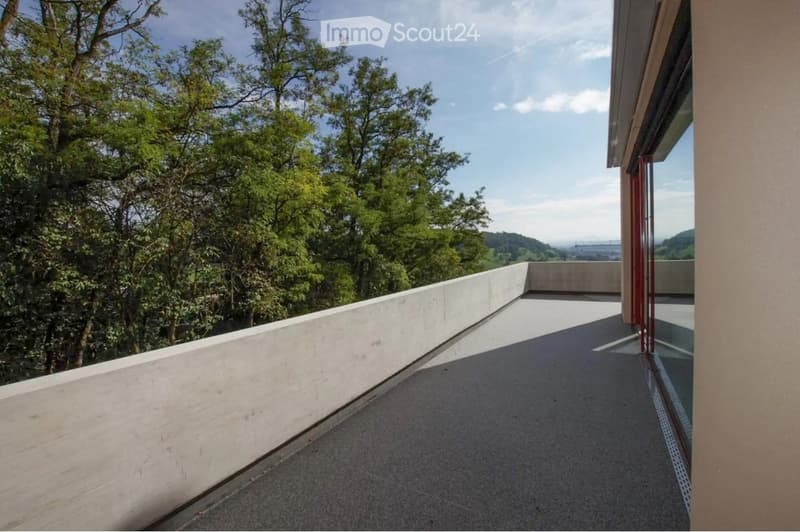 Modern balcony with a concrete railing, overlooking a lush green landscape with trees and distant hills.