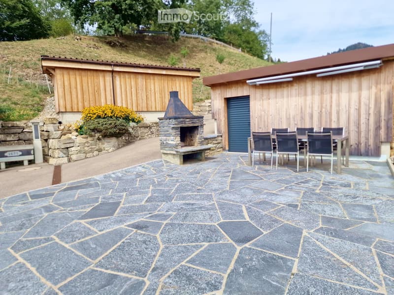 Outdoor patio with stone flooring, a stone fireplace, a wooden shed, and a dining set with chairs and a table.