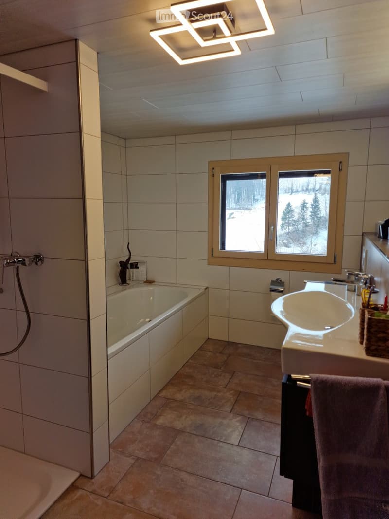 Modern bathroom with a bathtub, sink, and showerhead. Features a large window with a snowy view, tiled walls, and a sleek light fixture on the ceiling.