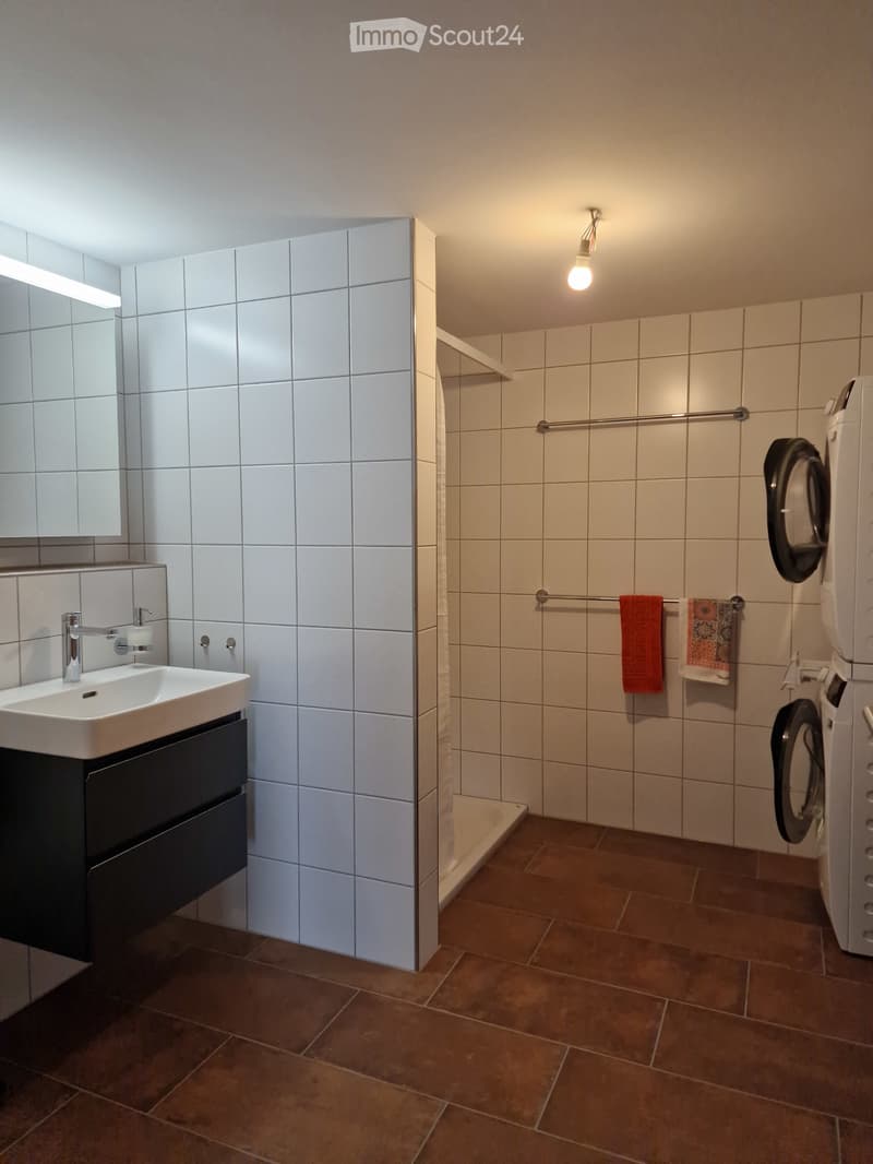 Modern bathroom with a white tiled shower area, a sink with a modern faucet, a mirror, and a washing machine. The floor is tiled in brown tiles, and towels are hanging on a rack.