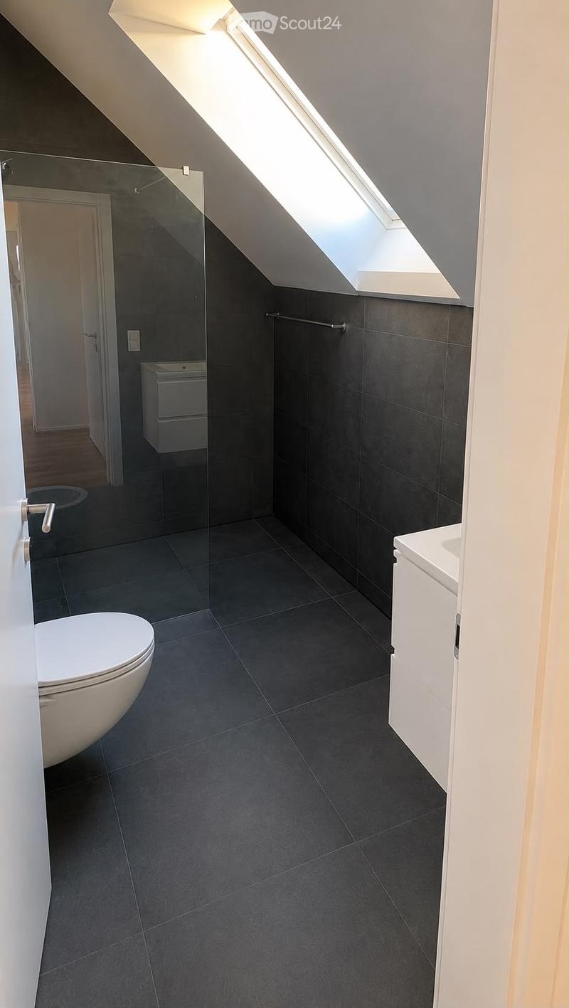 Modern bathroom with dark grey tiles, white toilet, sink, and mirrored cabinet. Features a skylight window and a towel rack.