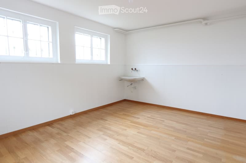 Empty room with white walls, wooden floor, and a single sink in the corner.