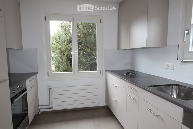 Modern kitchen with white cabinets, dark countertops, stainless steel sink, and built-in oven. Features a large window with a view of greenery.