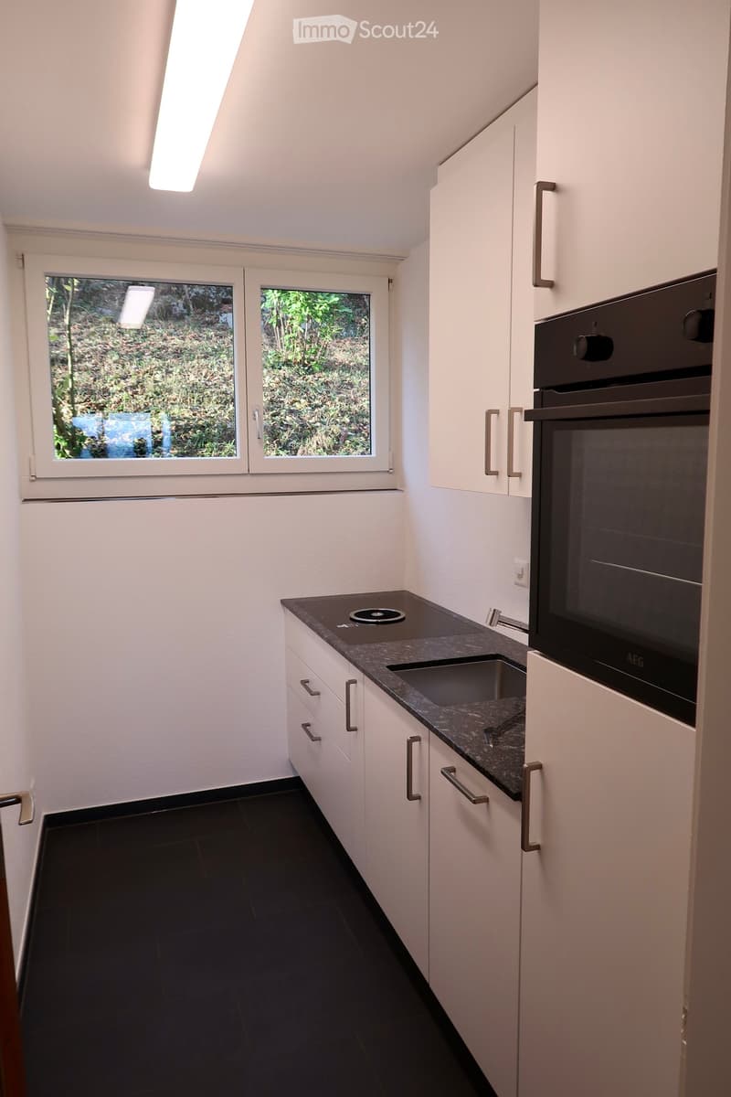 Modern kitchen with white cabinets, black countertop, sink, and built-in oven. Features large windows and sleek design.