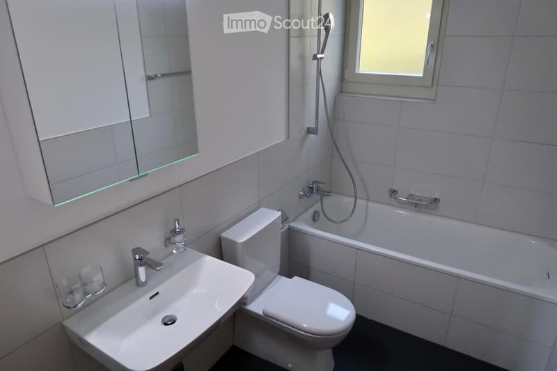 Modern bathroom with white tiles, a sink, toilet, bathtub, and a large mirror. The bathtub has a handheld showerhead and a safety grab bar.