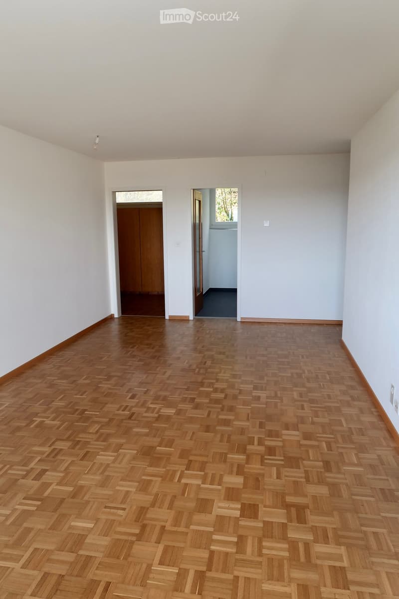 Empty room with wooden herringbone flooring, white walls, and two doorways leading to other spaces.