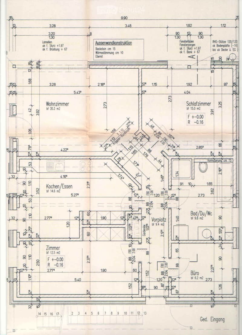 Floor plan showing a living room, kitchen, bedroom, bathroom, and office. Dimensions and measurements are labeled throughout.