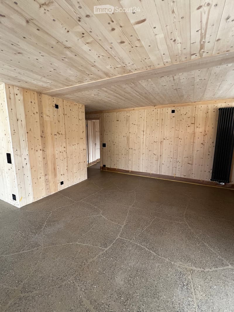 Empty room with wooden walls and ceiling, concrete floor, and a radiator on the right side.