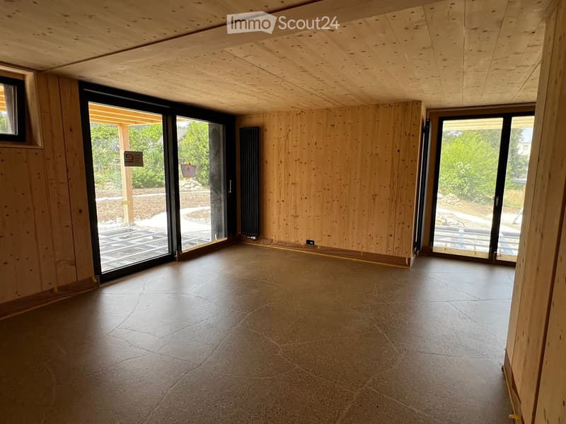 Empty room with wooden walls and ceiling, large sliding glass doors leading to an outdoor area, concrete floor, and a radiator on one wall.
