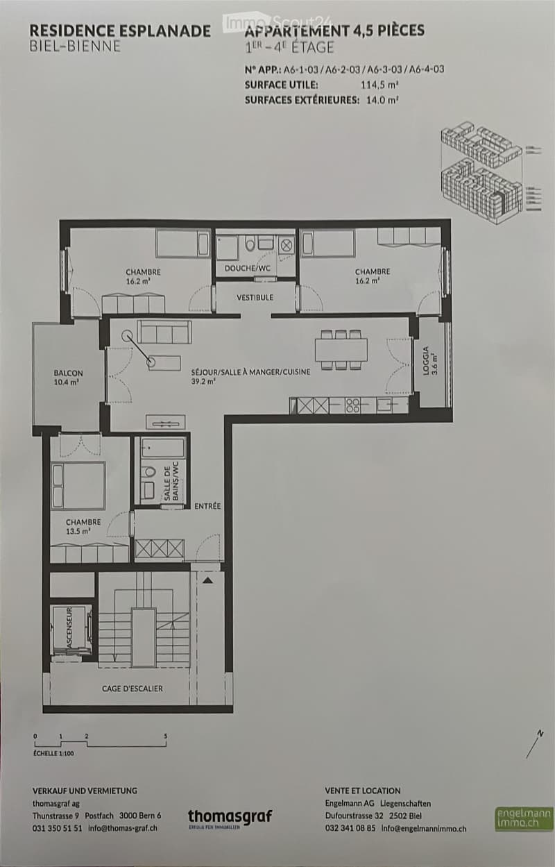 Floor plan of a 4.5-room apartment on the 1st to 4th floor, including living/dining area, kitchen, 3 bedrooms, 2 bathrooms, and a balcony.