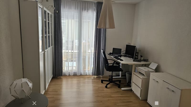 A modern, well-lit room with wooden flooring, a large window with sheer curtains, a desk with a laptop, a chair, and a printer on a cabinet.