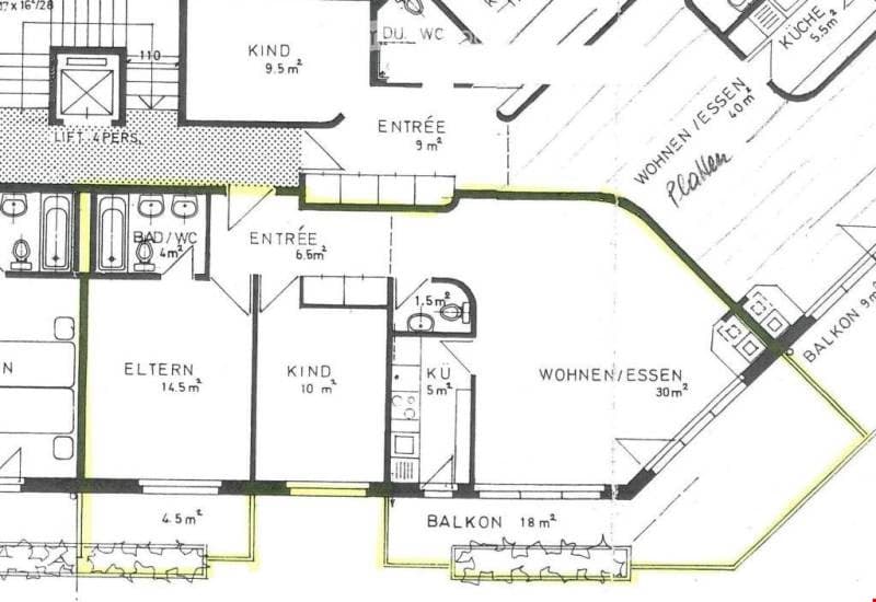 Floor plan of a 4-room apartment with living/dining area, kitchen, two bedrooms, two bathrooms, and two balconies.