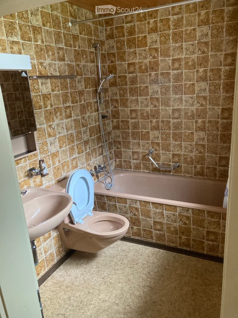 Bathroom with brown tiled walls, a pink sink, a pink toilet with a blue seat cover, a pink bathtub, and a mirror above the sink.