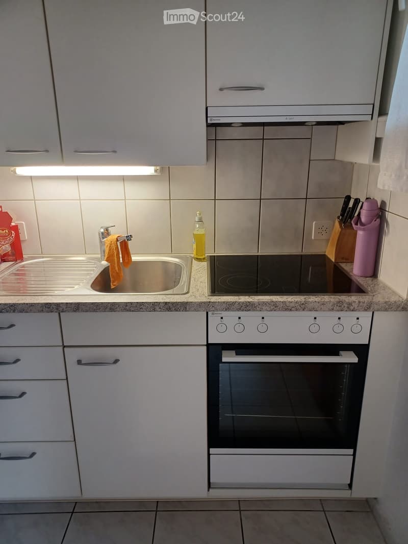 Modern kitchen with white cabinets, stainless steel sink, induction cooktop, and built-in oven. Includes a bottle, towel, and cup on the counter.