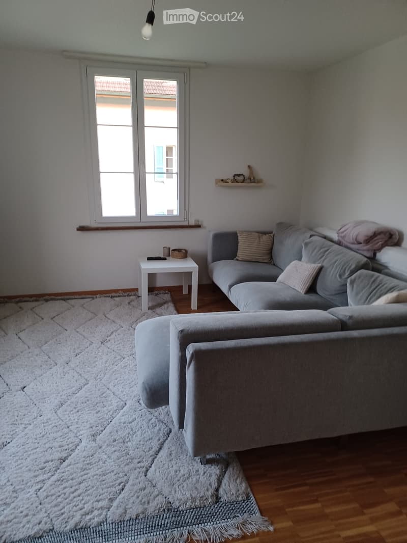 Modern living room with grey sectional sofa, white coffee table, large white shag rug, and wooden flooring.