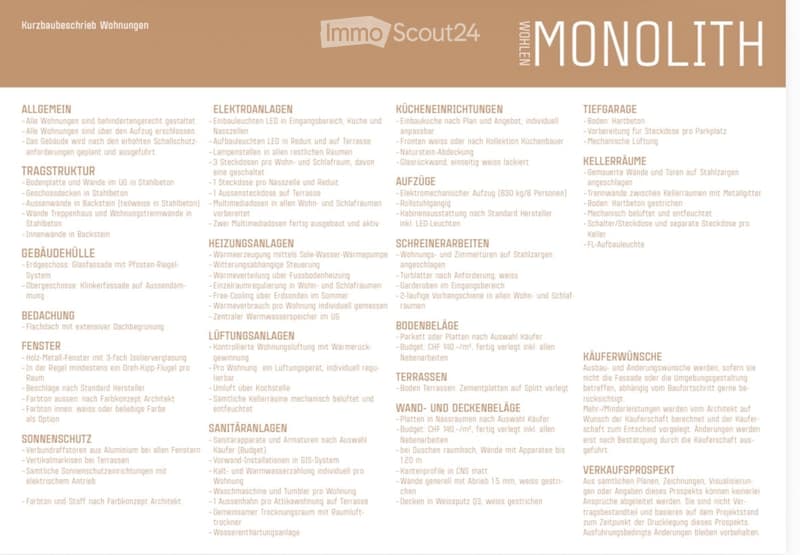 Floor plan document detailing features of a residential building including structural elements, electrical systems, kitchen fittings, heating, ventilation, sanitary installations, terraces, and flooring.