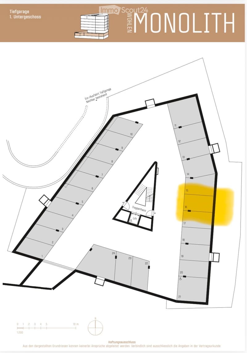 Floor plan of a building labeled "MONOLITH" showing a deep garage, staircase house, and numbered sections.
