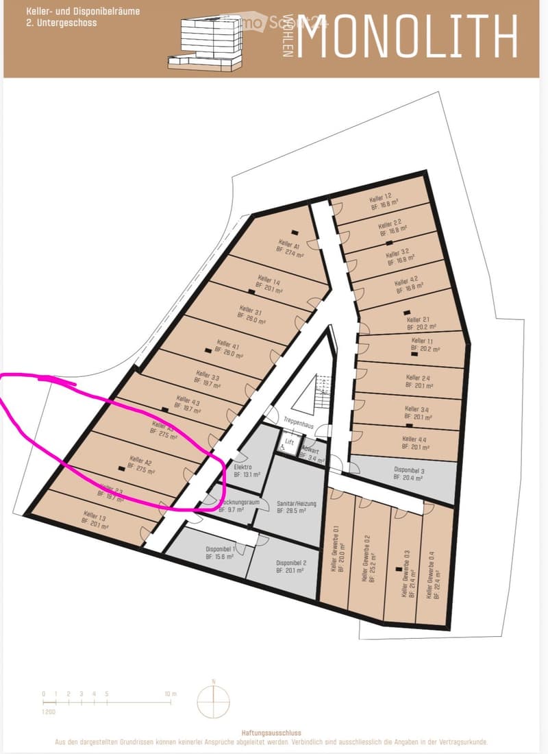 Floor plan of the basement level showing multiple storage rooms, utility areas, and access points including a staircase and elevator.