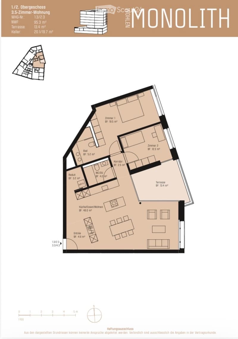 Floor plan of a 3.5-room apartment with living room, kitchen, 2 bedrooms, bathroom, hallway, and terrace.