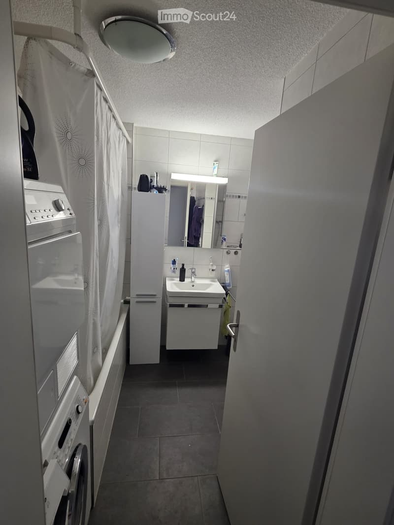 Modern bathroom with a sink, mirror, cabinet, shower curtain, and washing machine. The space is clean and well-organized with tiled walls and a dark tiled floor.