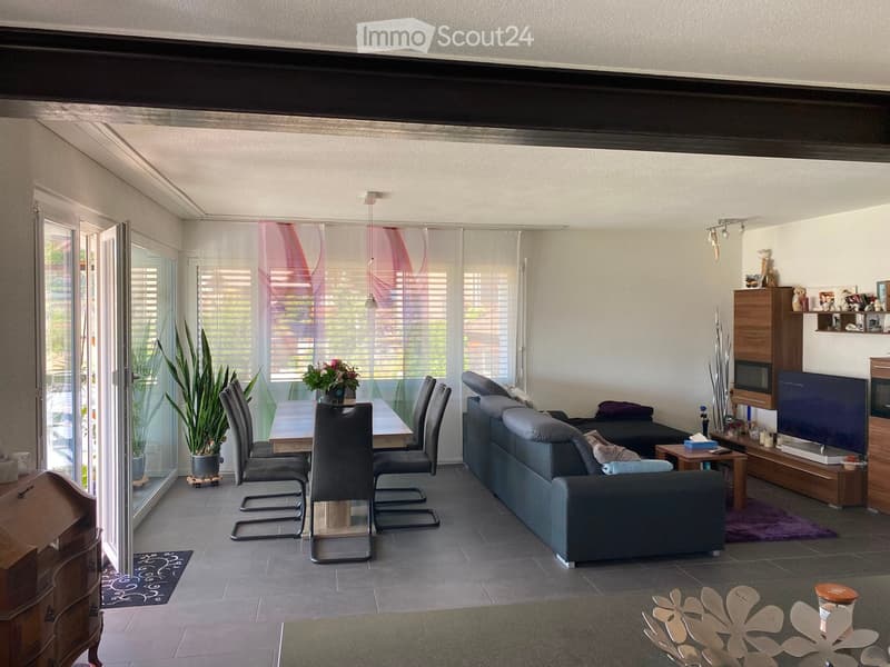 Modern living and dining area with a grey sofa, dining table with chairs, television, microwave, and decorative items.