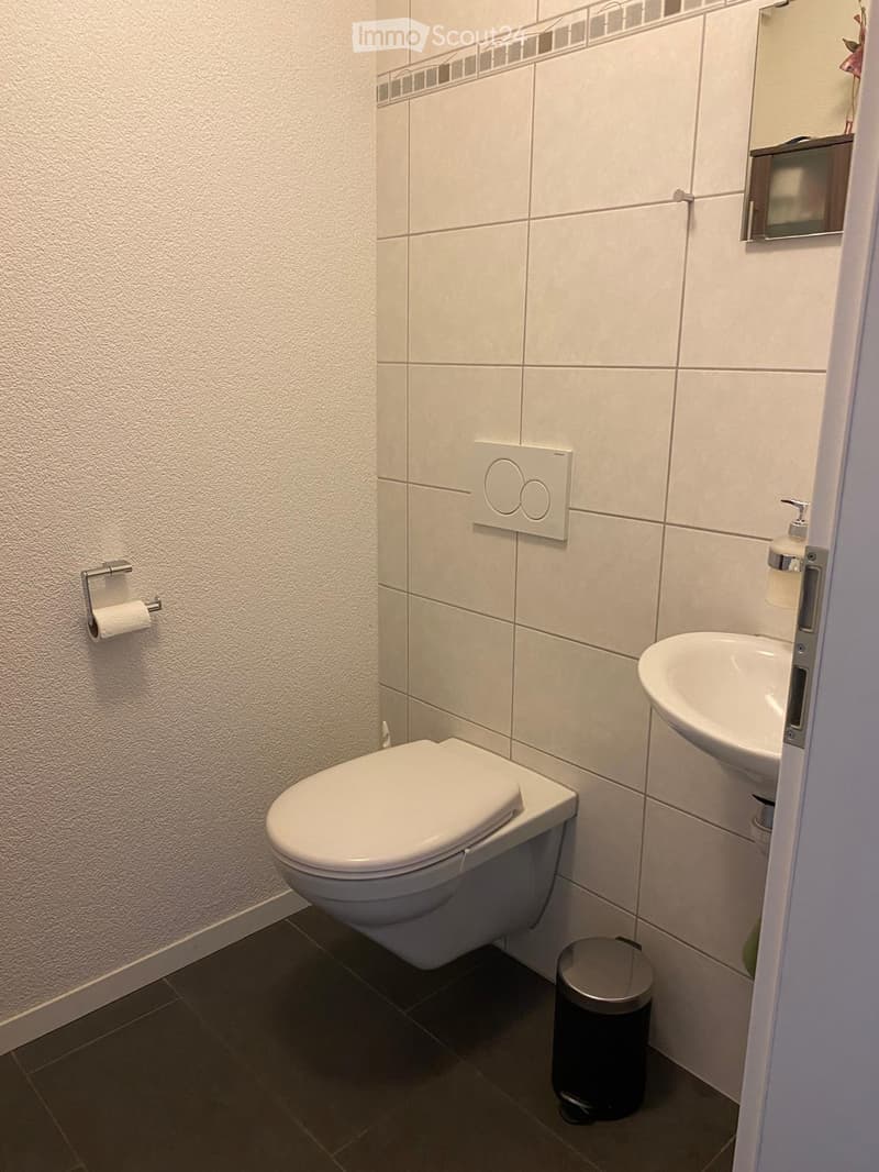 Modern bathroom with white tiled walls, a toilet, a sink, a toilet paper holder, a soap dispenser, and a small trash bin.