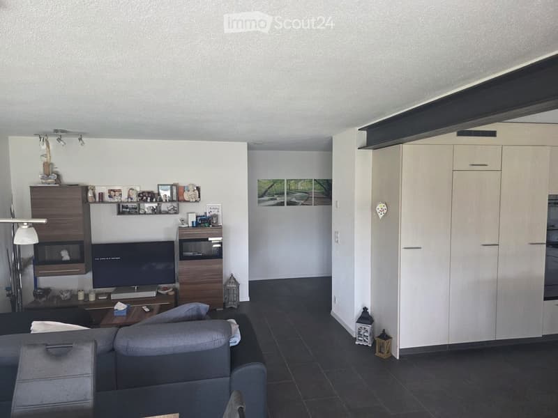 Modern living room with grey sectional sofa, coffee table, TV stand, built-in cabinet, and decorative shelves with picture frames and small items.